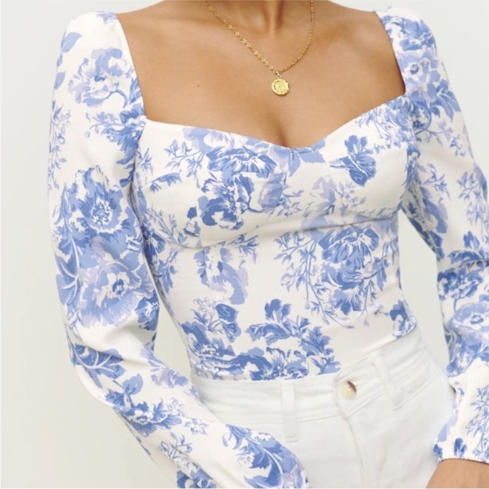 Reformation white and blue floral blouse